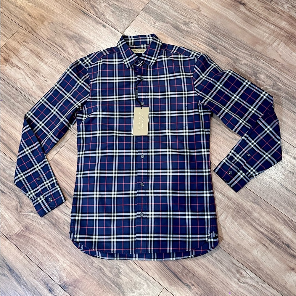 Burberry Navy and Red Plaid Button Down Shirt